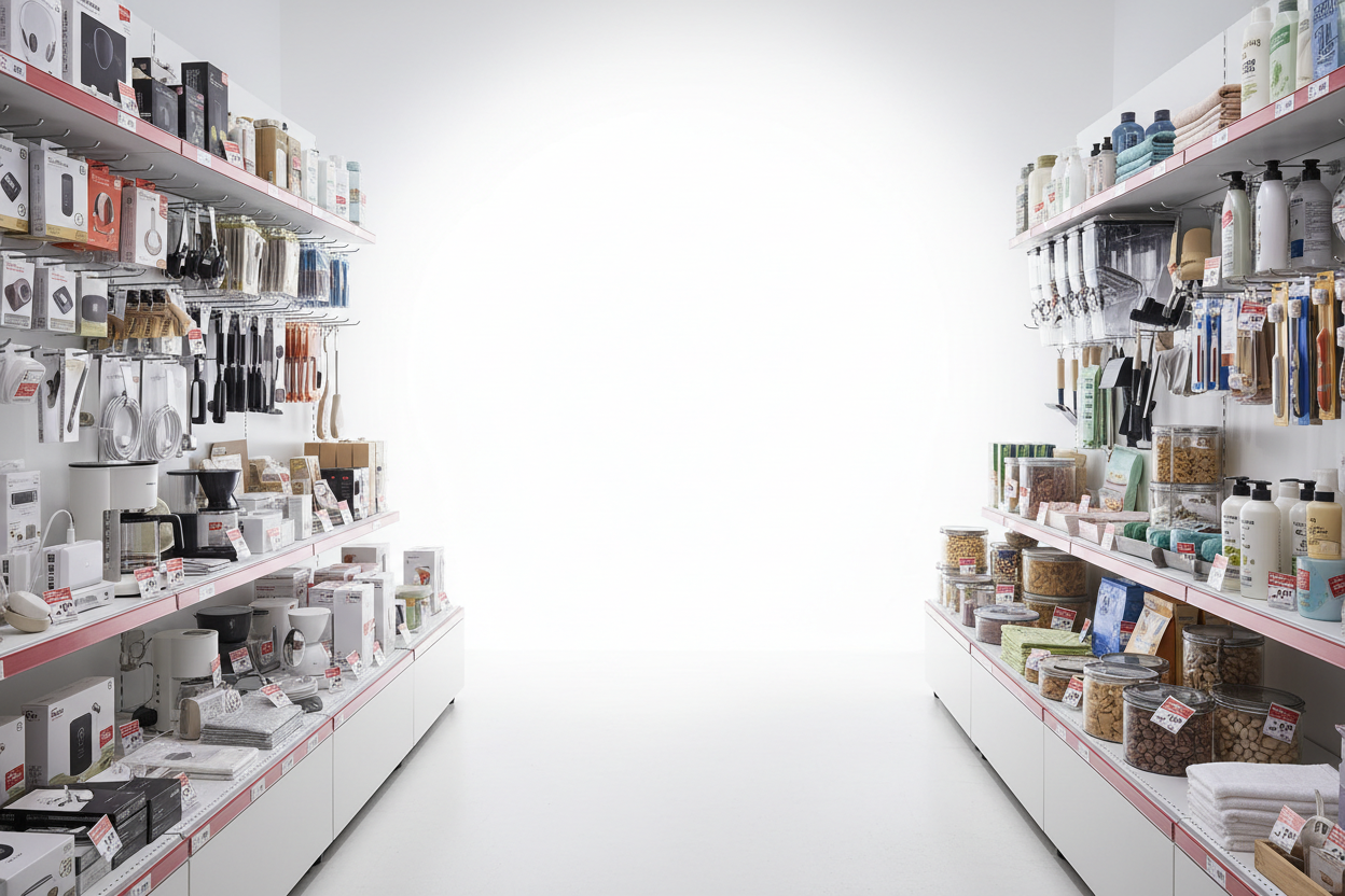 Anmutung eines Schweizer Schnäppchenmarkts, ordentlich arrangierte Waren, Vertrauen und Preisvorteil ausstrahlend
